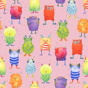 Large - Rainbow Monsters on Pink - Splattered Paint Background