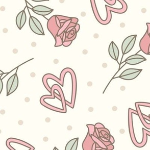 Pink Roses & Hearts on Beige