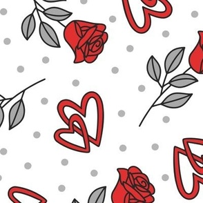 Red & Gray Roses & Hearts on White