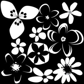 Bold Modern Crazy Abstract Flowers in White FFFFFF and Black 000000
