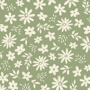 Country Floral on Moss Green (Large Scale)