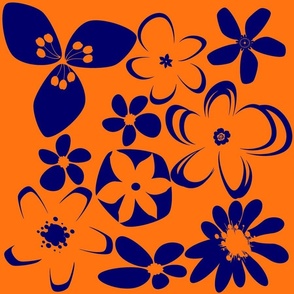 Bold Modern Crazy Abstract Flowers in Bold Navy 000066 and Carrot E57323 Reverse