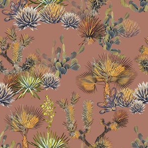 Desert Floral - Cactus, Agave, Palms, Yucca and Joshua Trees on  dusty terra cotta