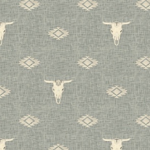 Cow Skull and Southwest Geometric on sage green