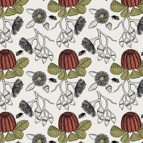 banksia, gum and honey bee on pale background 2021