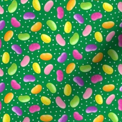 Colorful Jelly Beans on Grass Green with White Polka Dots