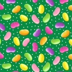 Colorful Jelly Beans on Grass Green with White Polka Dots