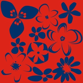 Dynamic Modern Crazy Abstract Flowers in Dirty Navy 003366 and Poppy Red BD2920 Reverse