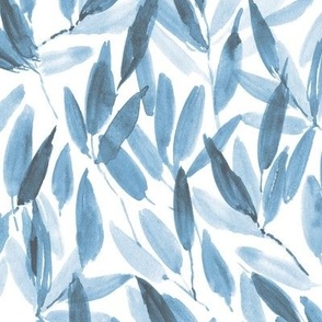 Denim blue nature vibes - watercolor leaves - painted watercolour tropical leaf pattern a557-16