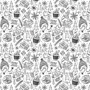 Snow Day Hooray! Coloring Book Style Black and White Ditsy Scale