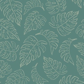 Monstera Leaves Line Art - Teal