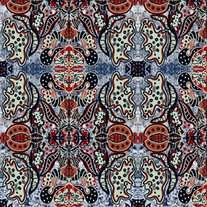 Reds, ochres and midnight blue granite tribal damask large