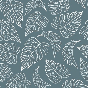 Monstera Leaves Line Art - Canyon Blue