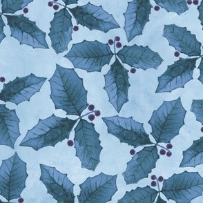Christmas Holly Watercolor Blue Leaves and Red Berries on a Lighter Blue Watercolor Wash Background