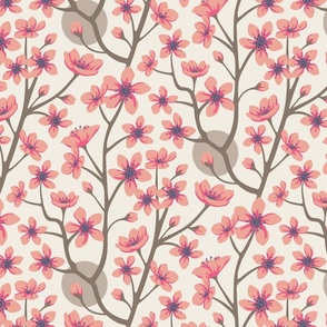 Cherry Blossoms Japanese Spring Floral Botanical with Sakura Flowers and Sun in Vintage Palette Pink Gray Neutrals Cream - MEDIUM Scale - UnBlink Studio by Jackie Tahara