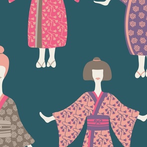 Kimono Ladies Traditional Japanese Geisha Women in Vintage Palette Pink Purple Warm Gray on Blue - LARGE Scale - UnBlink Studio by Jackie Tahara