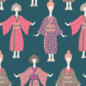 Kimono Ladies Traditional Japanese Geisha Women in Vintage Palette Pink Purple Warm Gray on Blue - MEDIUM Scale - UnBlink Studio by Jackie Tahara