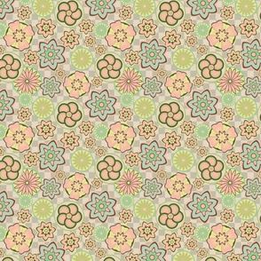 Kabuki Japanese Kimono Floral Medallions in Pastel Blush Pink Green Yellow Brown on Checkerboard - SMALL Scale - UnBlink Studio by Jackie Tahara