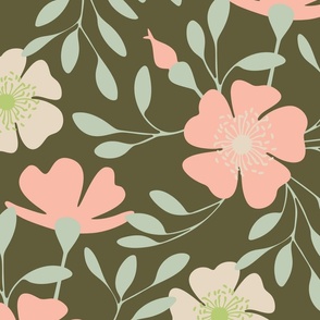 Sakura Japanese Spring Cherry Blossoms in Blush Pink Cream Light Green on Olive Brown - LARGE Scale - UnBlink Studio by Jackie Tahara