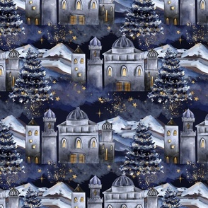 Christmas Winter Night Landscape Castle 
