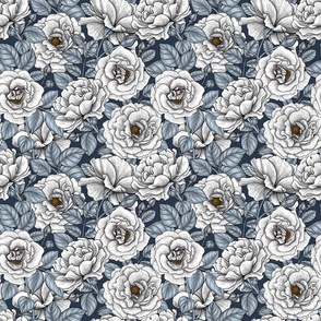 White roses on navy,  small size