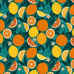Citrus Fruit Print in Teal And Orange Medium