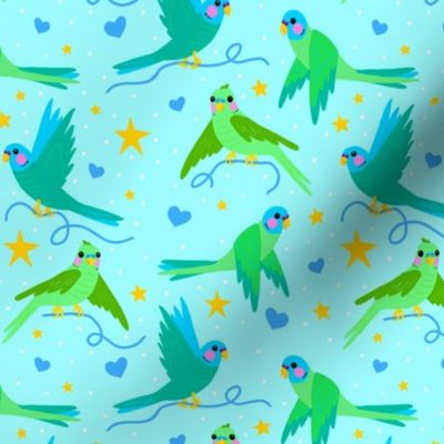 Parakeets and Hearts on Aqua