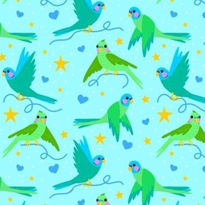 Parakeets and Hearts on Aqua