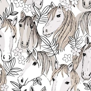 Wild horses freehand illustrated leaves and sweet horse faces girls dream ranch theme kids soft neutral beige sand white