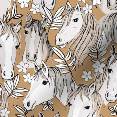 Wild horses freehand illustrated leaves and sweet horse faces girls dream ranch theme kids caramel brown beige sand