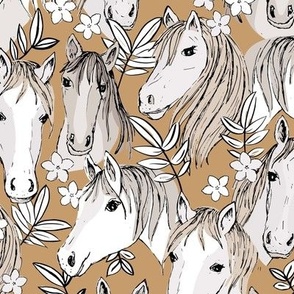 Wild horses freehand illustrated leaves and sweet horse faces girls dream ranch theme kids caramel brown beige sand
