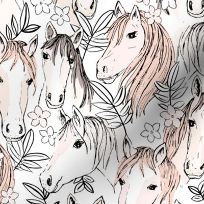 Wild horses freehand illustrated leaves and sweet horse faces girls dream ranch theme kids blush beige white