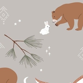 Winter wonderland woodland grizzly owl fox and hedgehog animals sweet wild animal friends christmas theme stars and moon kids night neutral golden brown olive green on soft gray 