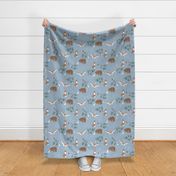 Winter wonderland woodland grizzly owl fox and hedgehog animals sweet wild animal friends christmas theme stars and moon kids night neutral golden brown green on soft blue