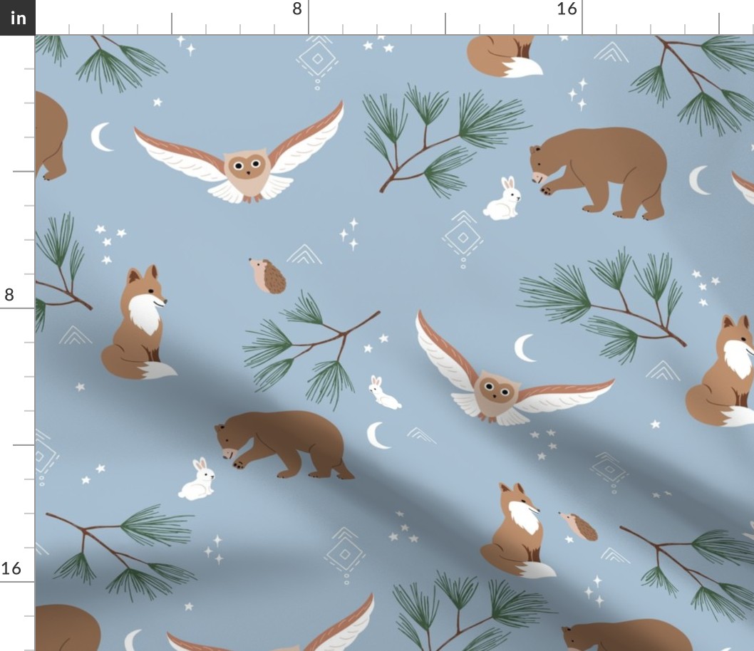Winter wonderland woodland grizzly owl fox and hedgehog animals sweet wild animal friends christmas theme stars and moon kids night neutral golden brown green on soft blue