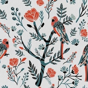 Folk Art Parrots and roses in red, turquoise and black