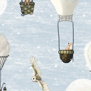  Large White hot air balloons, stars and moon with woodland animals on baby blue sky, light blue, baby boy nursery wallpaper, neutral nursery, owl, nursery, baby boy, home decor