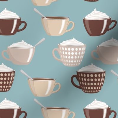 Cute Coffee Cups Cream Caffeine Lover Pastel Blue Brown