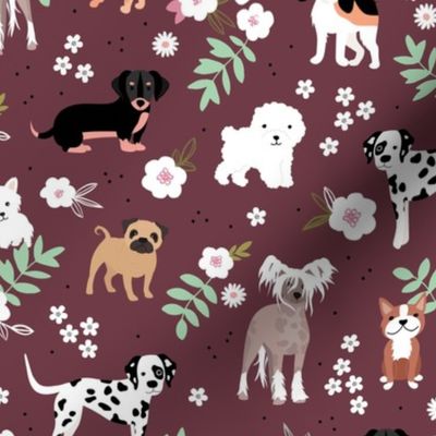 Dog garden puppy breeds corgi maltese pugs and more  leaves and flowers summer pets for kids green mint on burgundy
