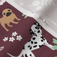 Dog garden puppy breeds corgi maltese pugs and more  leaves and flowers summer pets for kids green mint on burgundy