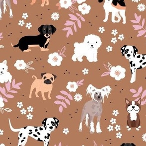 Dog garden puppy breeds corgi maltese pugs and more  leaves and flowers summer pets for kids caramel cinnamon vintage seventies pink blush girls