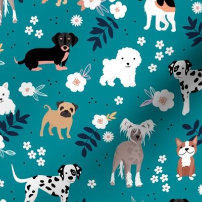 Dog garden puppy breeds corgi maltese pugs and more  leaves and flowers summer pets for kids neutral petrol blue navy