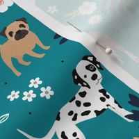 Dog garden puppy breeds corgi maltese pugs and more  leaves and flowers summer pets for kids neutral petrol blue navy