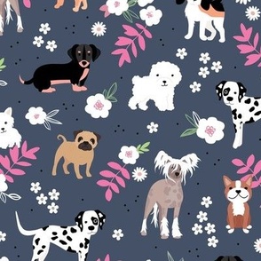 Dog garden puppy breeds corgi maltese pugs and more  leaves and flowers summer pets for kids moody purple gray pink mint