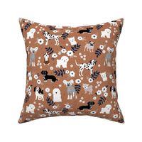 Dog garden puppy breeds corgi maltese pugs and more  leaves and flowers summer pets for kids neutral cinnamon caramel navy blue