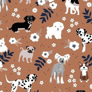 Dog garden puppy breeds corgi maltese pugs and more  leaves and flowers summer pets for kids neutral cinnamon caramel navy blue