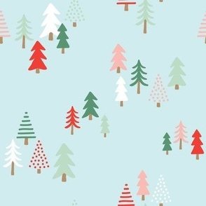 Colorful Christmas Trees on Blue - Medium Scale