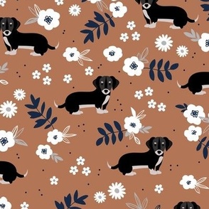 Adorable dachshund puppies with flowers and leaves boho garden style dog design for kids navy blue on caramel brown neutral seventies vintage palette