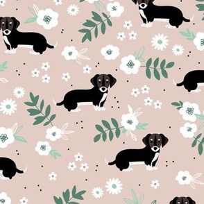 Adorable dachshund puppies with flowers and leaves boho garden style dog design for kids green white on beige sand neutral