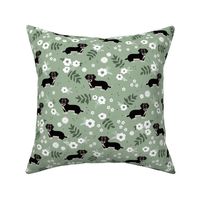 Adorable dachshund puppies with flowers and leaves boho garden style dog design for kids pine green white on sage green